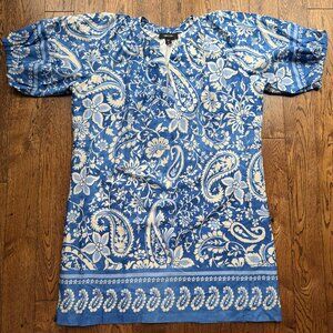 Karen Kane Peasant Dress Blue Paisley Puff Sleeve Split Neck Cotton Lined Size M